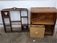 3 wooden shelving units and drawer