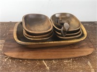 Wooden Tray, Bowls, & utensils