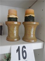2 PC POTTERY CANDLE STICKS W/ CANDLES