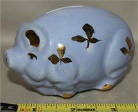 Vtg Gold Accented Blue Pottery Piggy Bank 3 7/8L