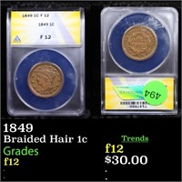 ANACS 1849 Braided Hair Large Cent 1c Graded f12 B