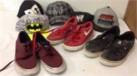 Nike and DC shoes size 8 with group of caps