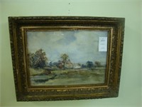 Scenic watercolor landscape of a farm signed and