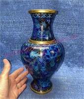 Beautiful blue cloisonne vase - 10.5in tall