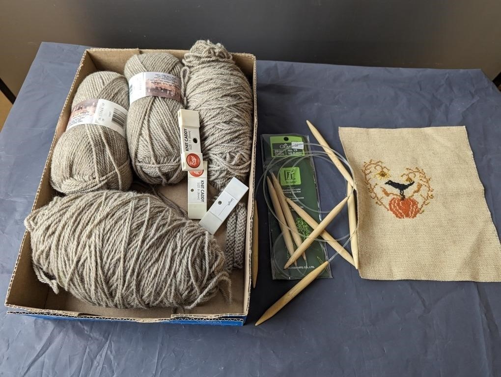 Box lot of Yarn and Knitting Needles