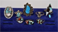 Eight Indian Silver & Assorted Turquoise Rings