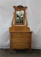 3 drawer dresser with carved back and mirror,