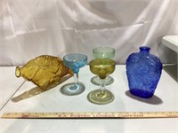 Fish Bottle, 3 pc Marg. Glasses, Blue Glass Vase