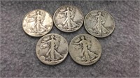 5 Walking Liberty Half Dollars- Various Dates