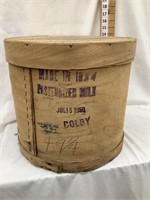 1950 Round Wooden Cheese Box, 14”T, 15” Diameter