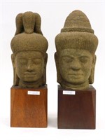 (2) Khmer carved stone heads, Buddhist Deities,