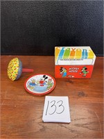 VTG tin Mickey Mouse crayon box Tin toy & plate