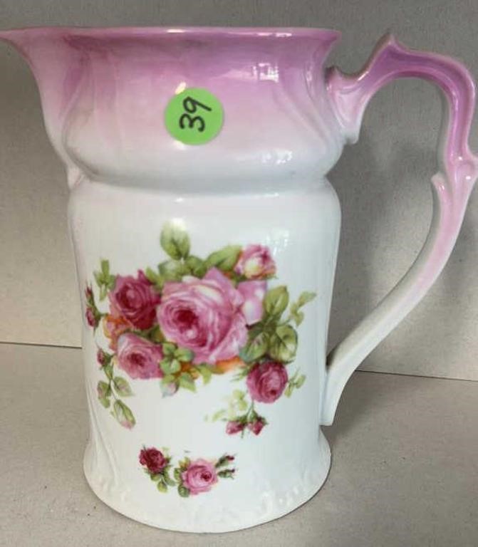 Painted Rose Pitcher, ring mark on bottom 8"