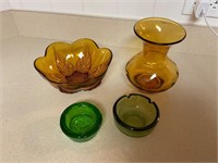 Amber Glass Bowl & Vase + Green Glass Ash Trays