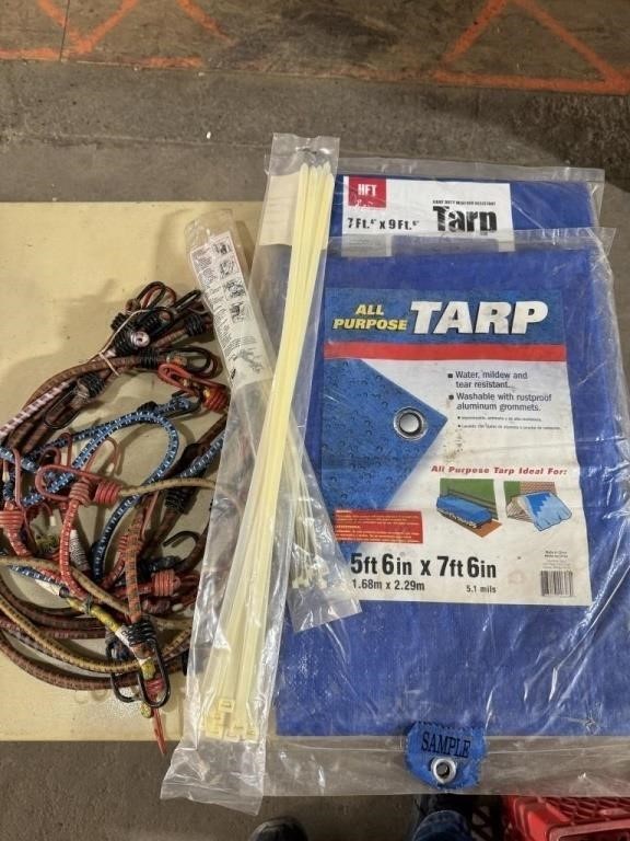 3 tarps and bungee cords