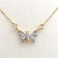 14 Kt Two Tone Diamond Butterfly Pendant Necklace