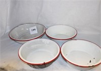 4 RED RIMMED ENAMELWARE BOWLS