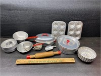 Vintage kitchen toys pots, pans, rolling pin