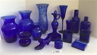 16 pcs. Vintage Cobalt Glass Vases, Shoe, Votives