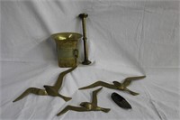 Brass mortar and pestal, 3 birds and shoe ashtray