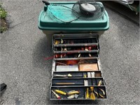 Aluminum Tackle box, lures, fishing net