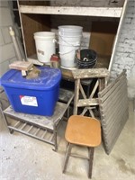 Scrapwood, plastic tote cart, wooden ladder,