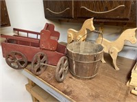 Wooden horses, wooden bucket, & wood cart