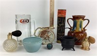 Perfume bottles, pottery vase, A&W root beer mug,