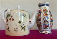 Wedgewood Tea Pot and Handpainted European Vase