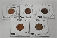 5 Different Date Indian Cents All AU-Cleaned