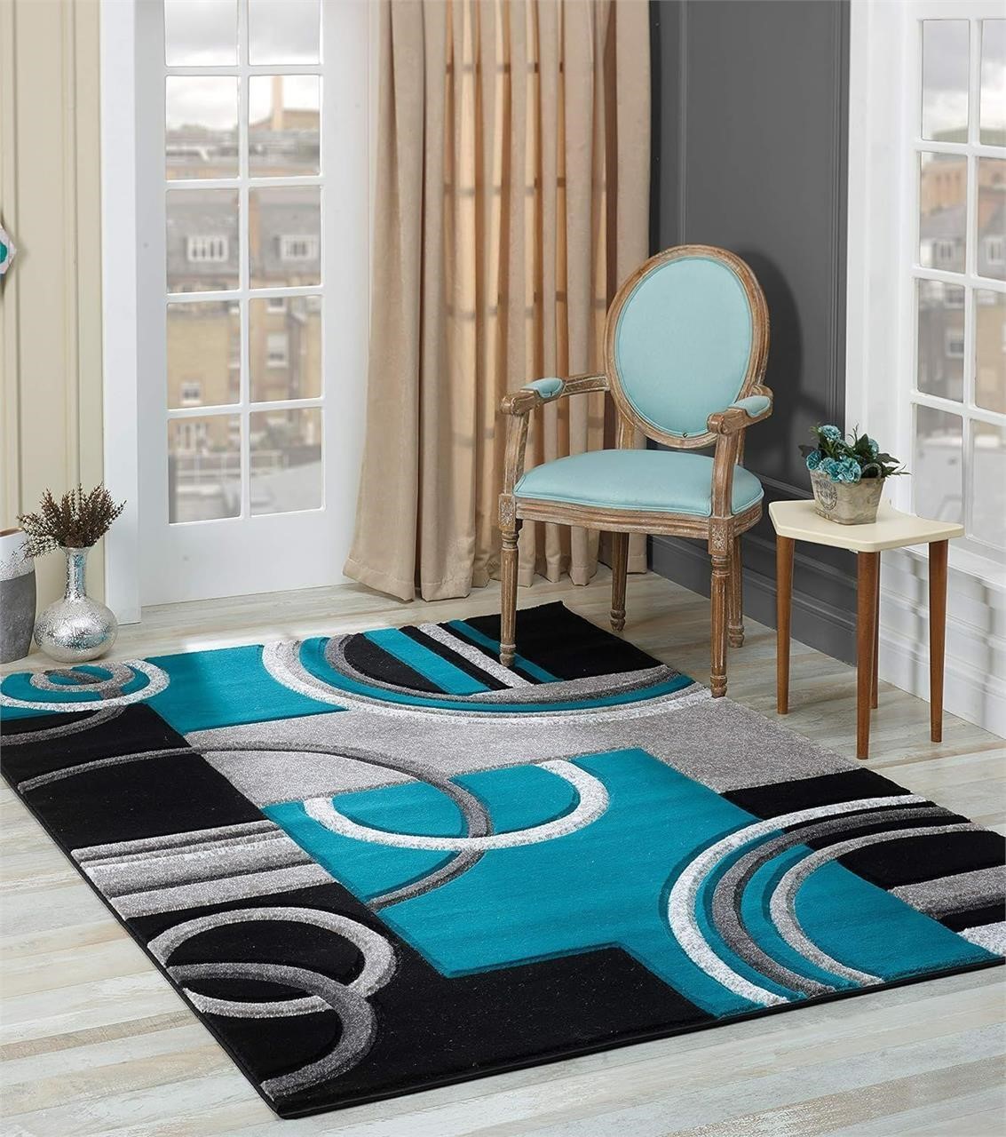 8x10 Turquoise Soft Hand Carved Area Rug