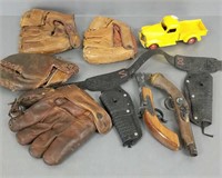 Group of toys and vintage BB Gloves including IH