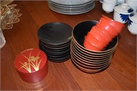 SMALL RED & BLACK ASIAN SAUCE DISHES (MATERIAL NOT