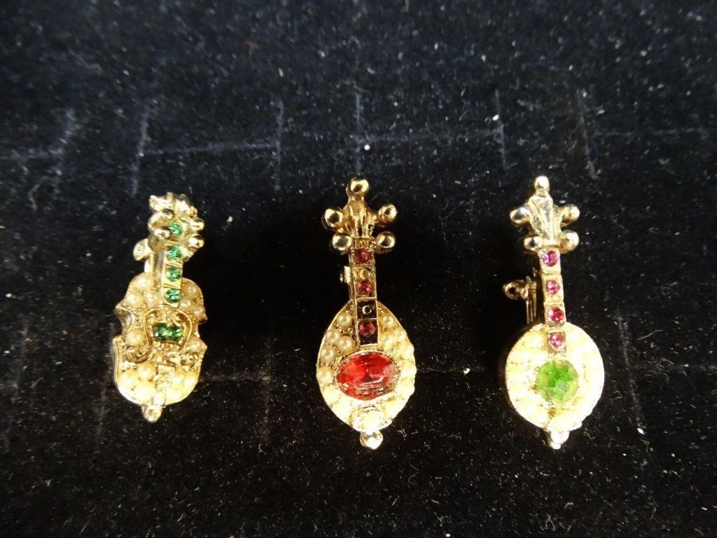 Vintage Musical Instrument Rhinestone Brooches