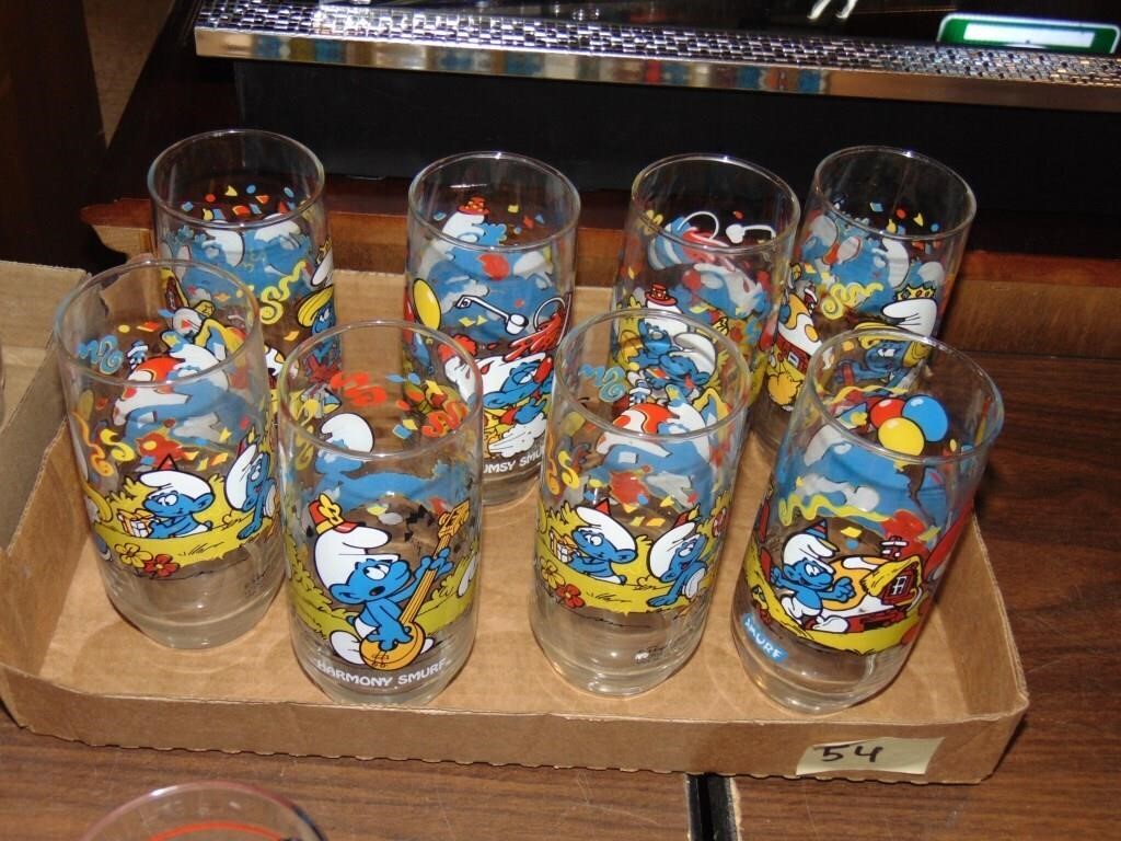 Flat of (8) Retro Smurfs Tumblers marked 1983