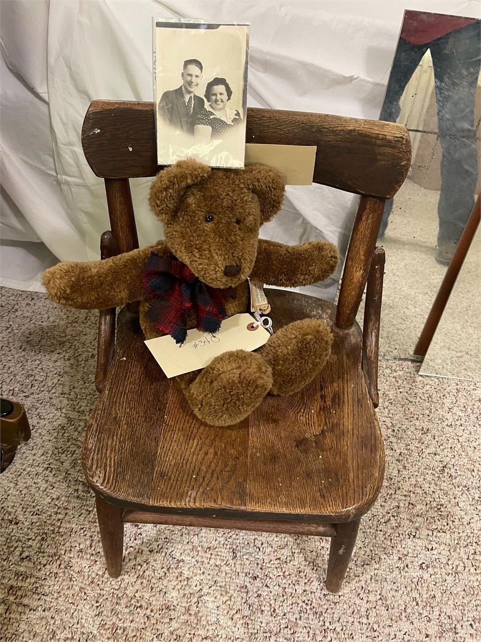 Antique Chair with Bear and family pictures