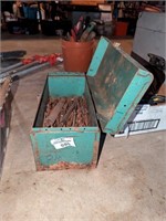 Steel tool box, auger bits, file, etc