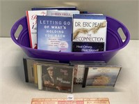 BASKET LOT OF HARDCOVER BOOKS WITH MUSIC CDS