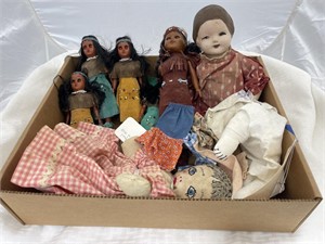 Flat of Dolls Porcelain Native American Cloth