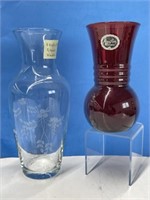 Etched Glass Vase and Royal Ruby Anchor Glass Vase