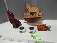 Wolf shelf, statue, candle holders, trinket box