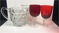 Ruby Glass Goblets & Fostoria American Pitcher