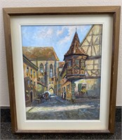Framed Oil Painting: European Village