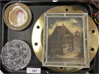 Brass plates, stained glass, glass dish