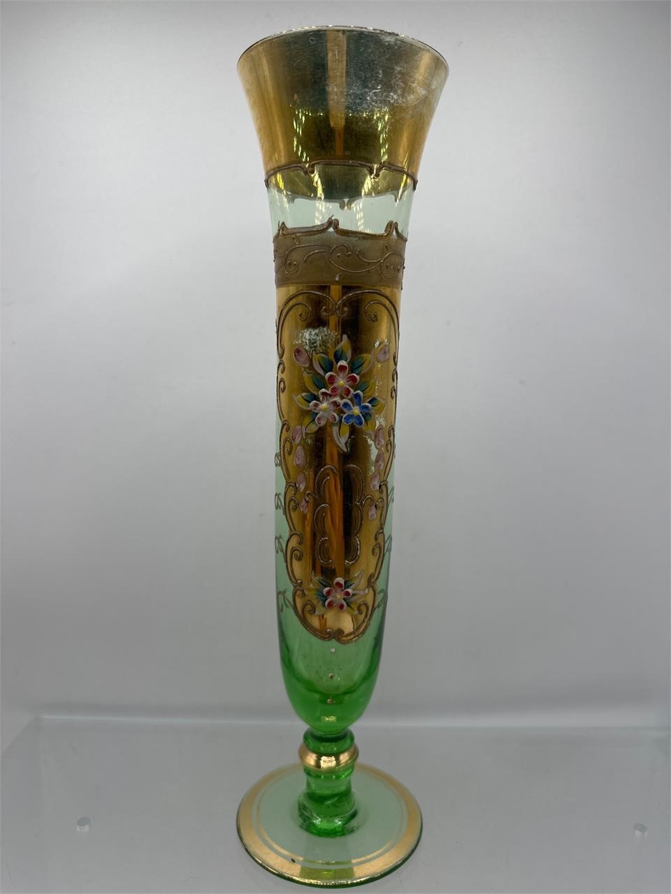 Green bohemian glass enameled bud vase