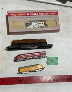 Assorted train engines. And freight car.