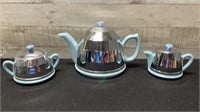 Mid Century English Pottery Tea Set With Metal Cov