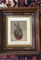 Victorian framed lithographed rabbit print, mated