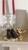 Gold pheasants, glass candlesticks, baby shoes