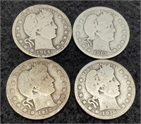 (4) Barber Quarters: 1912, 1913, 1914, 1916-D